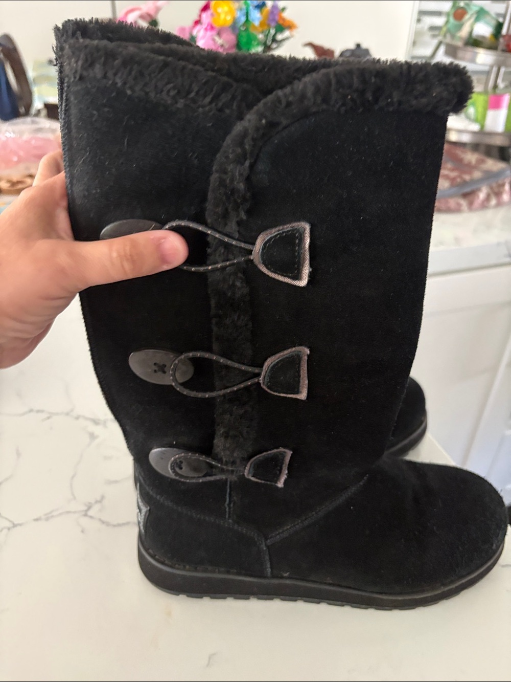 Skechers Black Over-The-Knee Faux Suede Boots with Fur Trim
